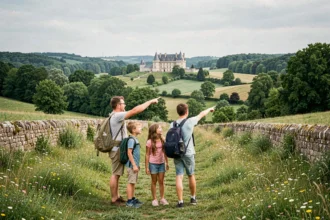 Famille explorant la campagne de la vallée de la Loire avec un château en arrière-plan