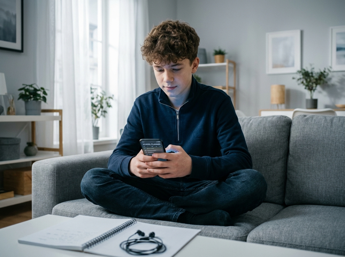 Adolescent utilisant une application agenda sur smartphone dans un salon moderne
