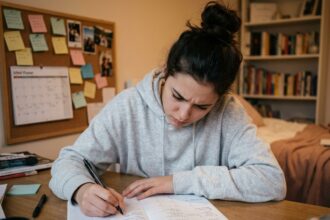 Adolescente écrivant dans un agenda scolaire papier à son bureau, entourée de livres et de notes