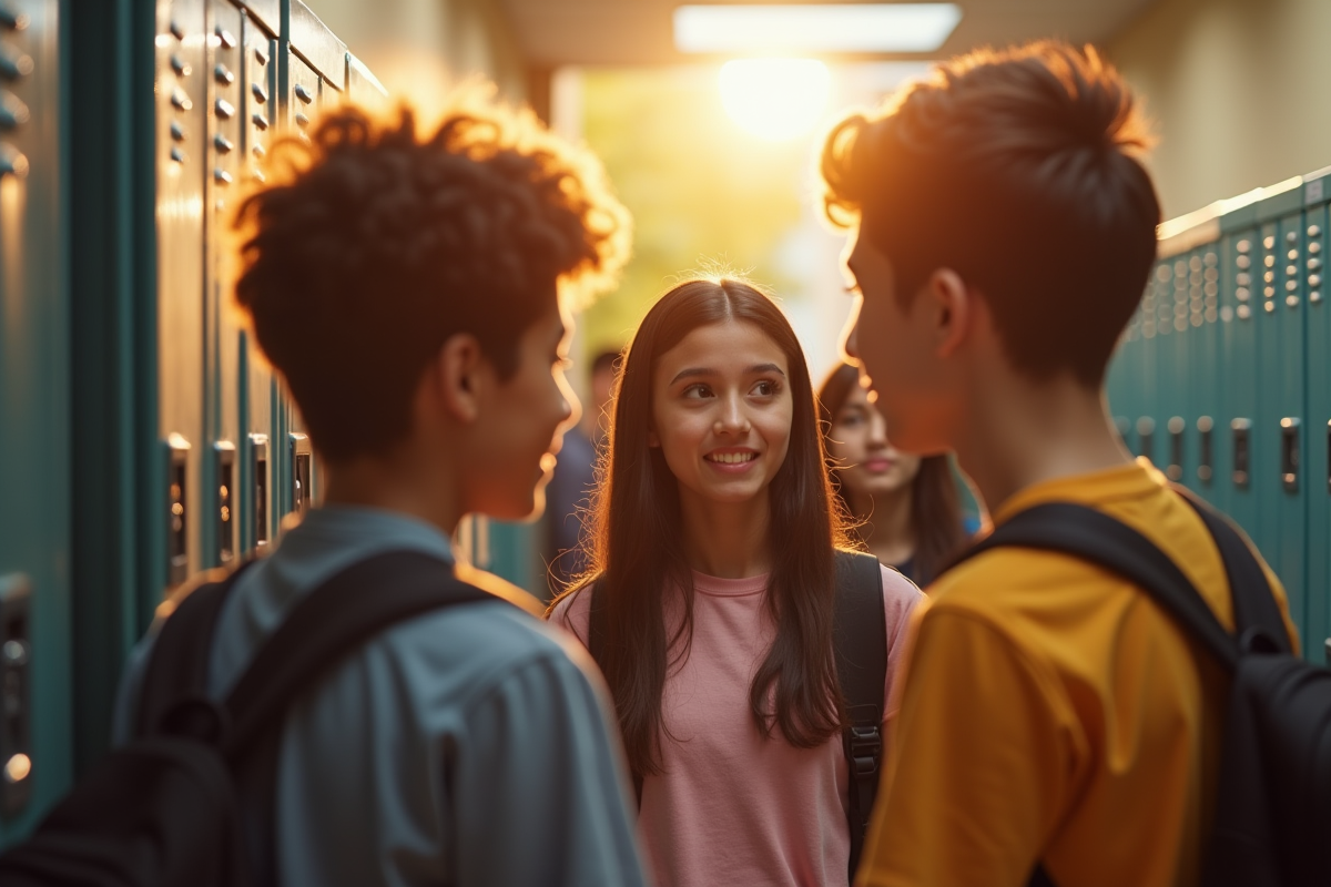 Groupe d adolescents soutenant un camarade dans un couloir scolaire
