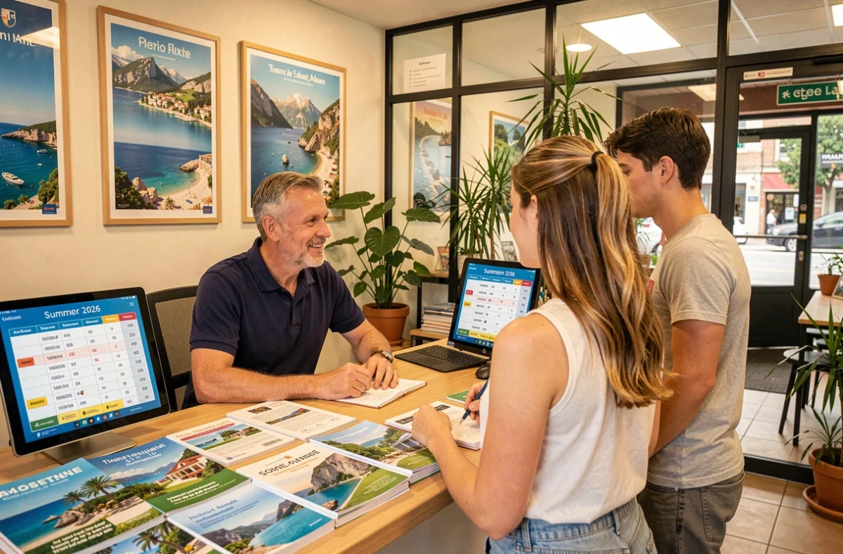 Couple consultant un agent de voyage pour réserver des vacances d'été selon le calendrier scolaire 2026