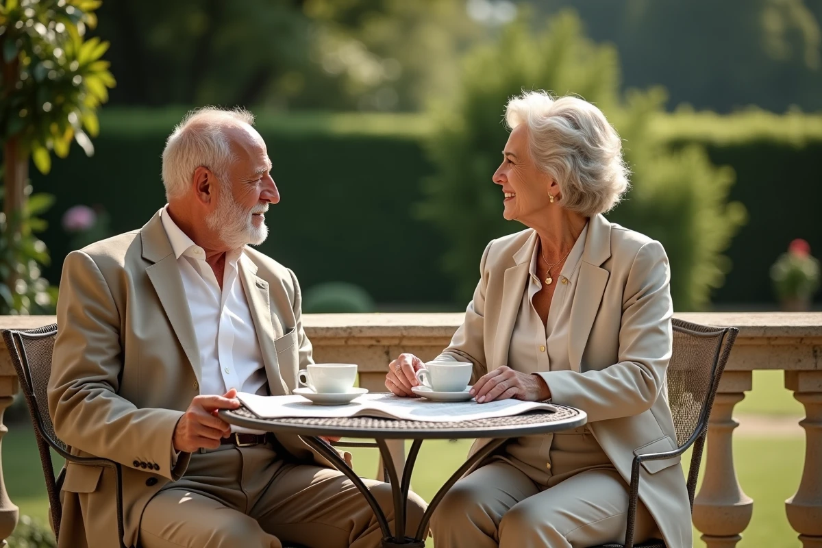 Couple élégant de personnes âgées partageant un moment intime sur une terrasse en pierre d'un domaine français à la campagne, évoquant la vie de famille d'Alain Madelin