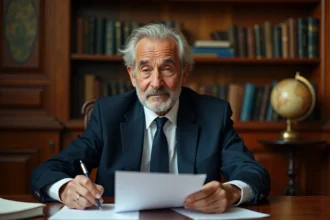Portrait d'un homme politique français distingué aux cheveux argentés dans un bureau parisien classique, illustrant la vie privée d'Alain Madelin