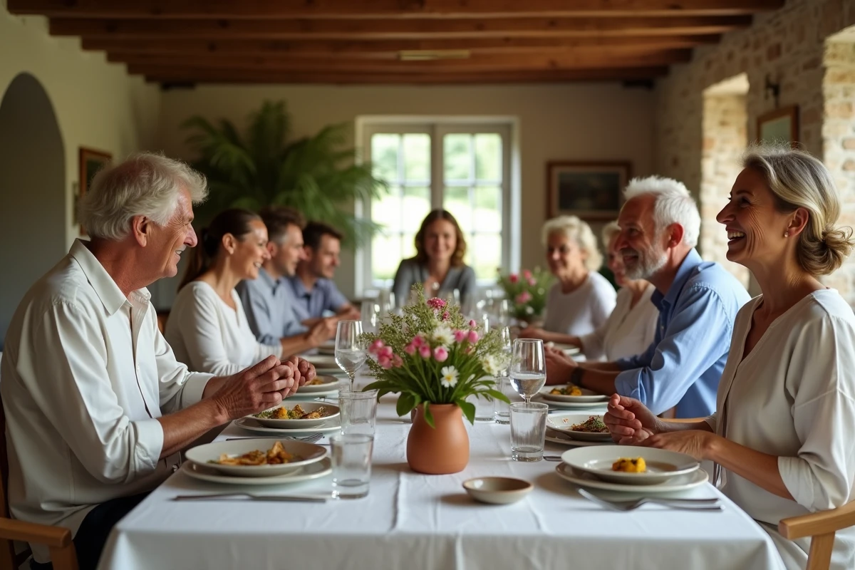 Réunion de famille multigénérationnelle autour d'une grande table dans une ferme française, illustrant la vie familiale et les coulisses de la vie personnelle d'Alain Madelin