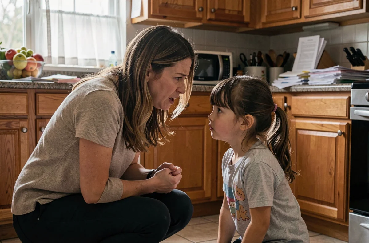 Mère parlant de façon insistante à sa fille dans une cuisine domestique, illustrant la manipulation parentale et l'aliénation parentale dans un contexte familial