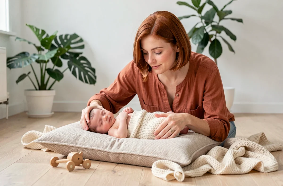 Alison M photographe positionnant un nouveau-né sur un coussin de pose dans un studio lumineux