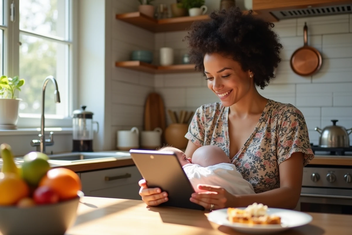 Femme allaitant à la demande à la table de cuisine tout en consultant sa tablette, illustrant le quotidien réel de l'allaitement maternel