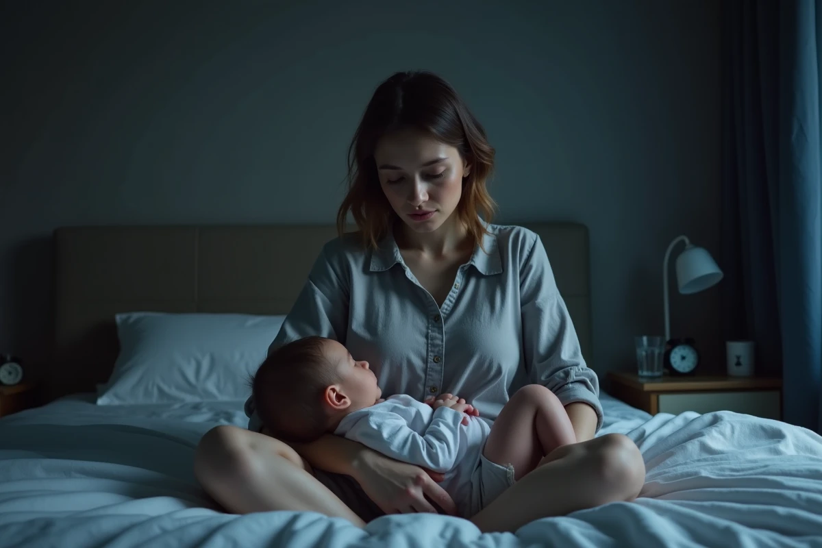 Maman épuisée allaitant son bébé en pleine nuit sur un lit défait, évoquant la fatigue des pics de croissance durant l'allaitement