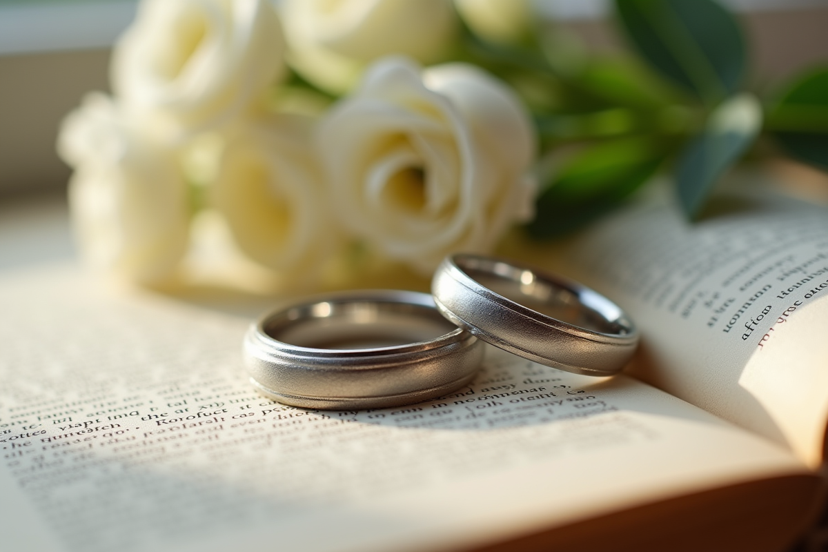 Alliances entrelacées sur livre ancien avec bouquet blanc en lumière douce