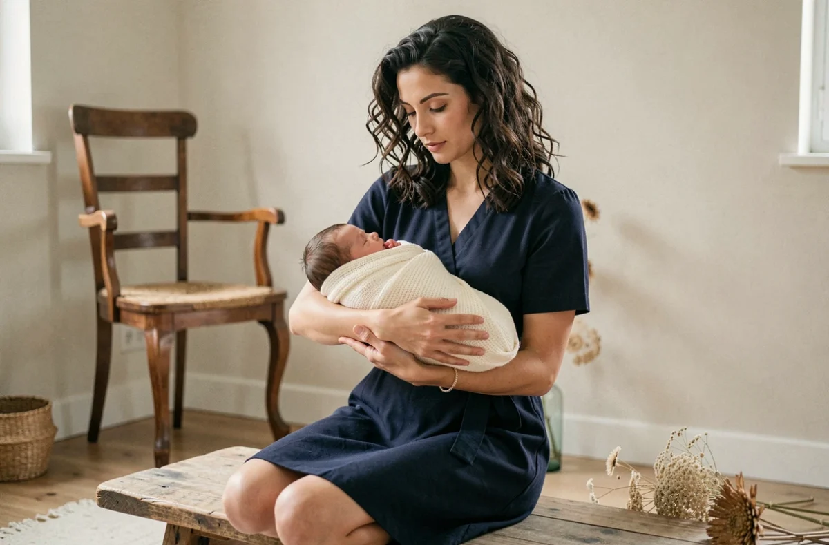 Anaïs Borrachero photographe tenant un nouveau-né emmailloté dans un cadre lumineux et naturel