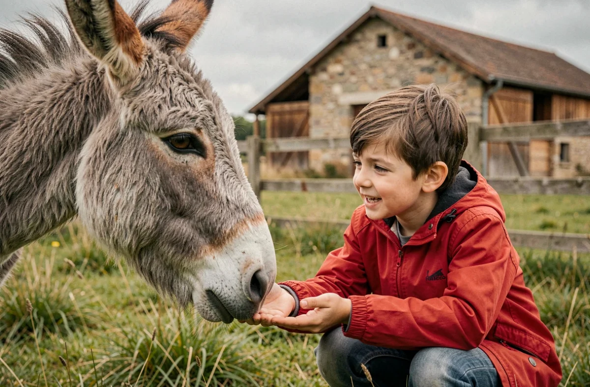 Garçon nourrissant un âne à la ferme Les Ânes de Madame en Val de Loire