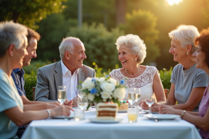 Couple élégant célébrant 45 ans de mariage en extérieur