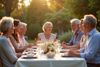 Famille multigenerations célébrant 35 ans de mariage en extérieur
