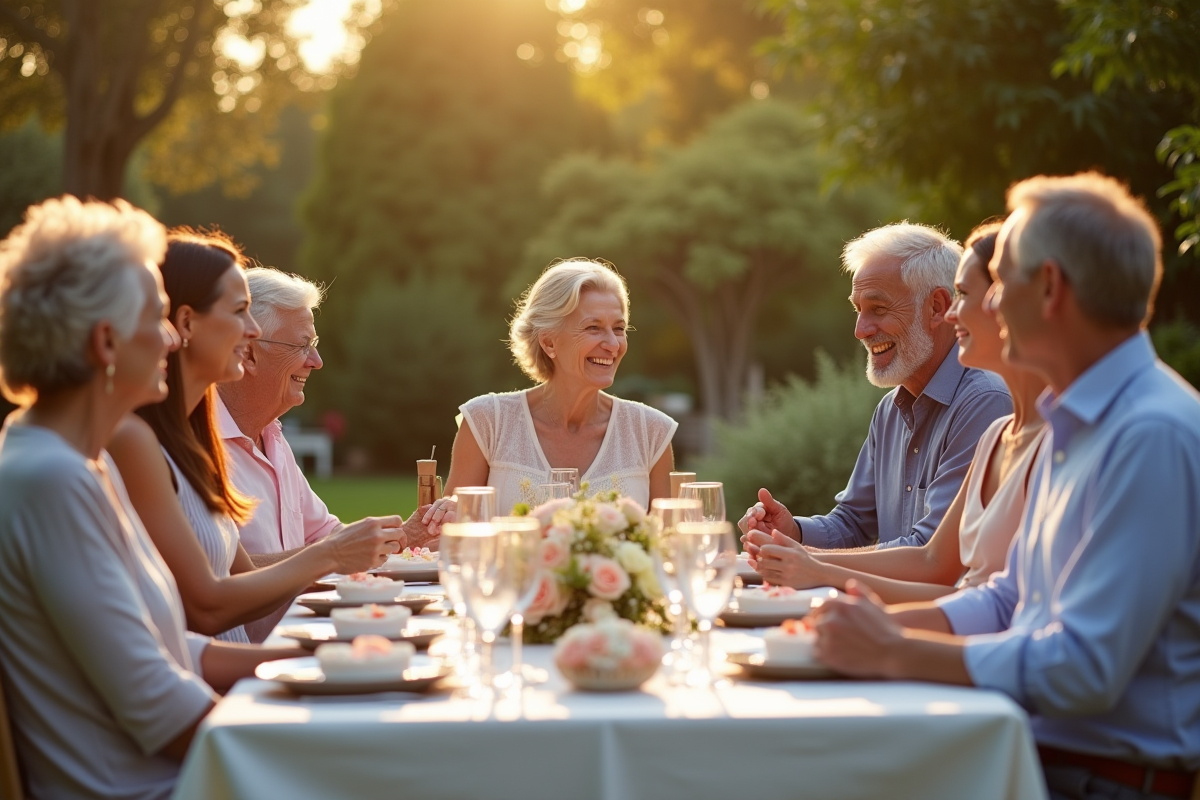 Famille multigenerations célébrant 35 ans de mariage en extérieur