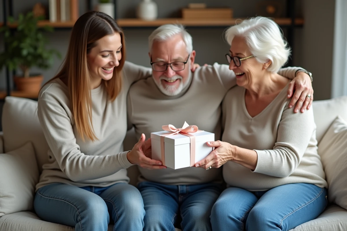 Couple annonçant sa grossesse à ses parents avec un cadeau emballé dans un salon familial chaleureux, réaction de surprise et joie des grands-parents