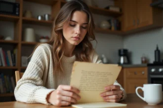 Jeune femme tenant une lettre manuscrite annonçant une grossesse à sa famille, assise à une table en bois dans une cuisine chaleureuse