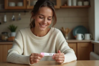 Jeune femme tenant un test de grossesse positif dans une cuisine chaleureuse en bois, regardant le résultat avec émotion