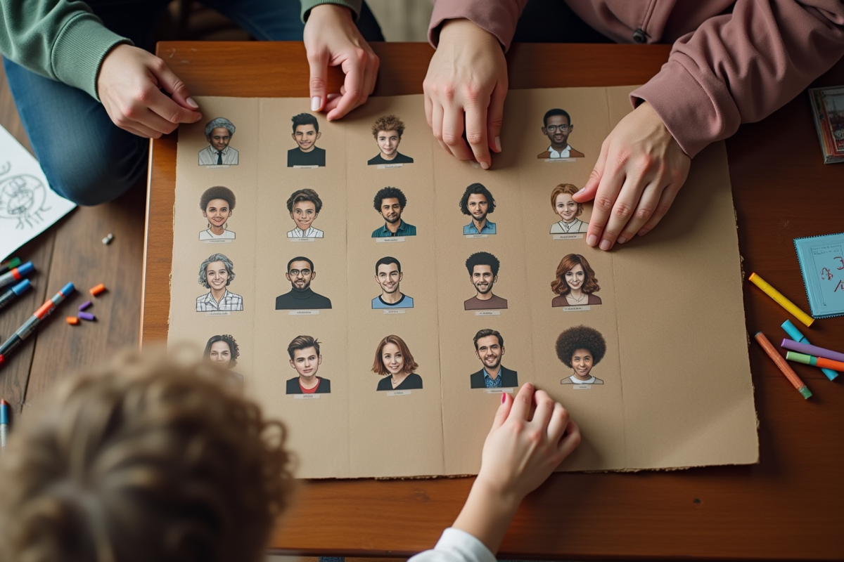 Adultes assemblant un plateau de jeu Guess Who fait maison
