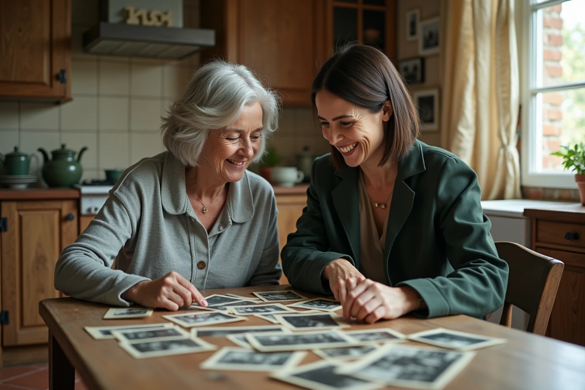 Deux femmes de générations différentes examinent ensemble de vieilles photographies de famille dans une cuisine française traditionnelle, symbolisant la transmission des origines et de l'histoire parentale