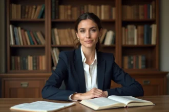 Femme française réfléchie assise à un bureau entouré de documents biographiques et de livres, illustrant une recherche sur les origines et les parents d'Aurore Malval