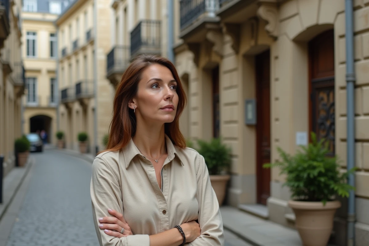 Femme devant une façade en pierre typique du patrimoine français, évoquant les racines familiales et l'origine régionale dans le contexte d'un article sur Aurore Malval