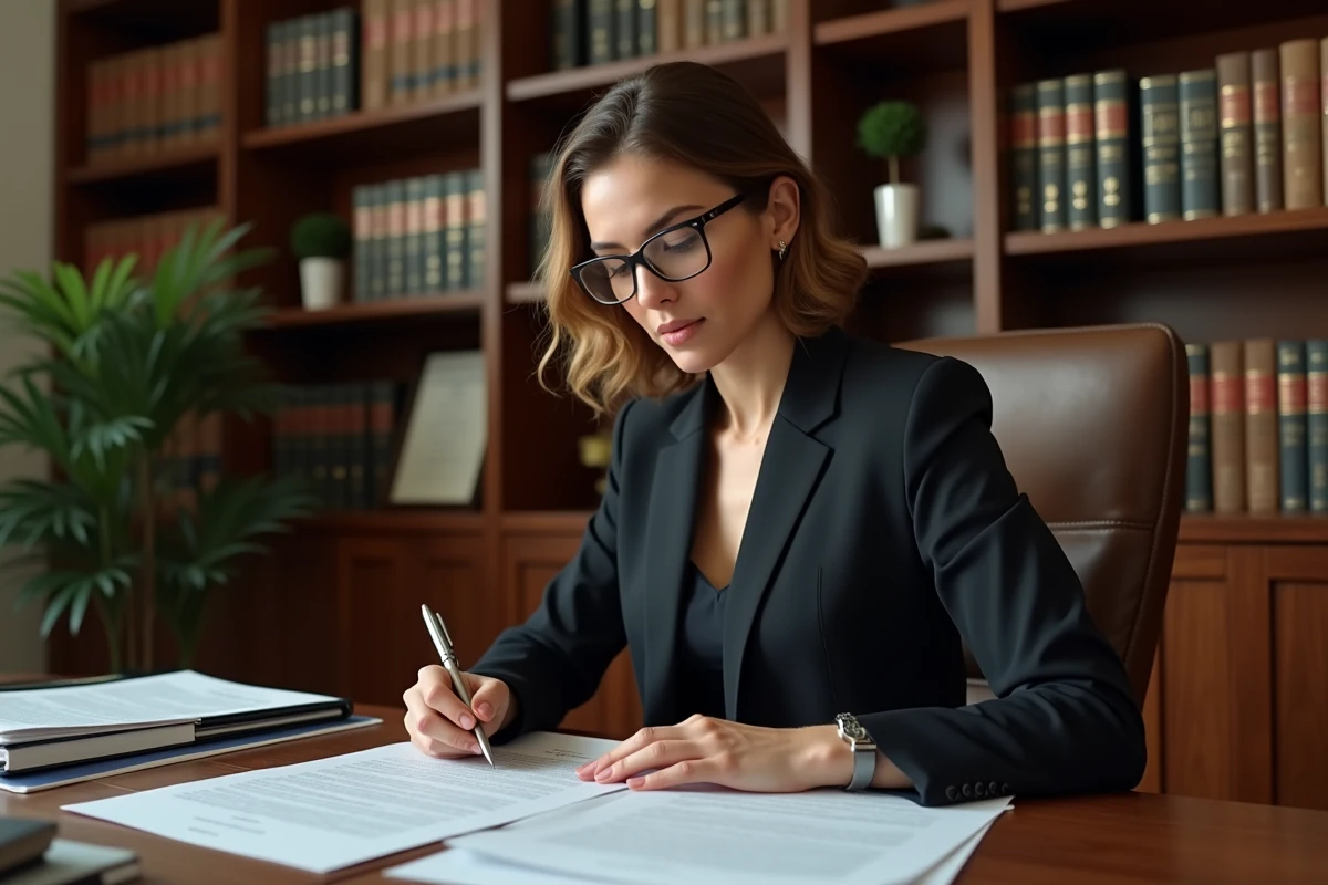 Avocate ou notaire française examinant des documents de divorce dans un bureau professionnel