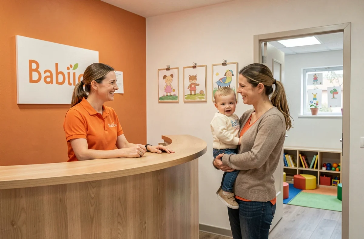 Accueil chaleureux d'une implantation Babilou dans le Nord avec une éducatrice en polo brandé accueillant une mère et son enfant en bas âge