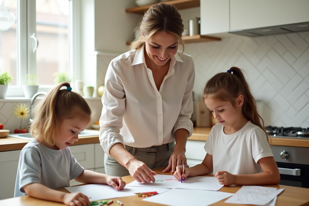 Baby-sitter professionnelle aidant deux enfants à faire une activité créative dans une cuisine familiale organisée