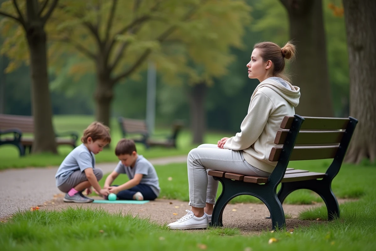 Baby-sitter surveillant deux enfants jouant dans un parc urbain, assise sur un banc dans un cadre naturel et détendu