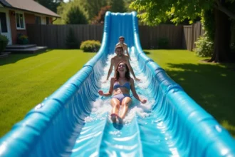 Adultes en maillot de bain qui glissent sur une bâche de ventriglisse bleue dans un jardin lors d'une soirée d'été animée