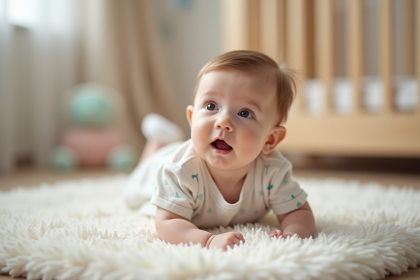 Bébé de 4 mois sur un tapis de jeu dans une nurserie douce