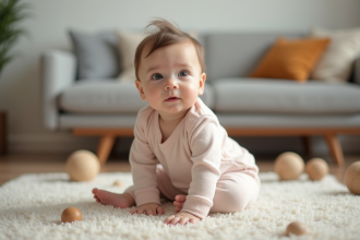 Bebe garçon de 7 mois en tenue pastel assis