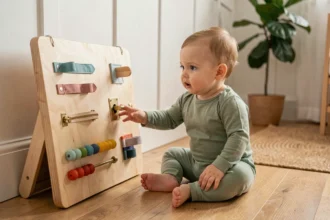 Bébé de 10 mois explorant une busy board Montessori en bois naturel sur un parquet en chêne dans une chambre scandinave