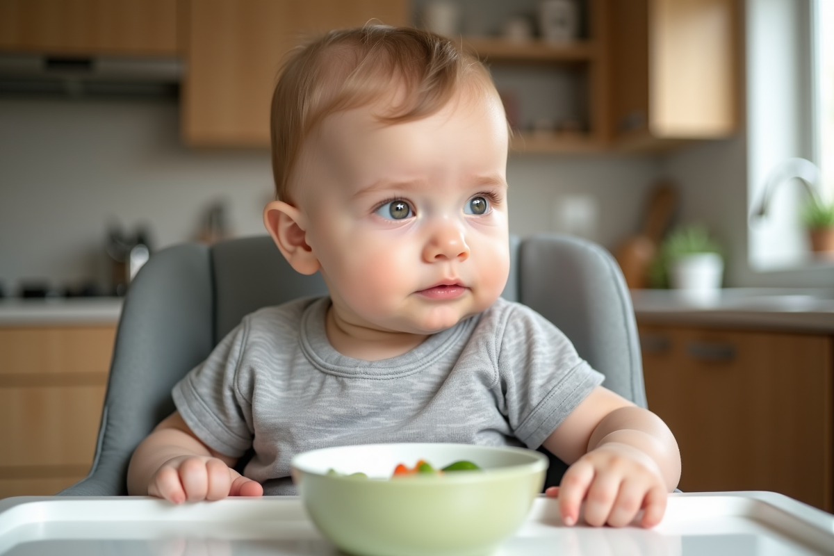 Bébé de 5 mois en poussette en cuisine lumineuse