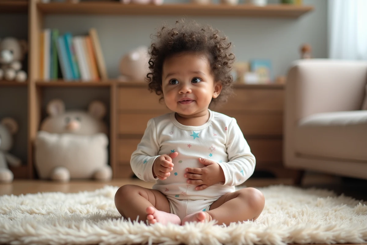 Bebe assise sur un tapis beige dans un salon moderne