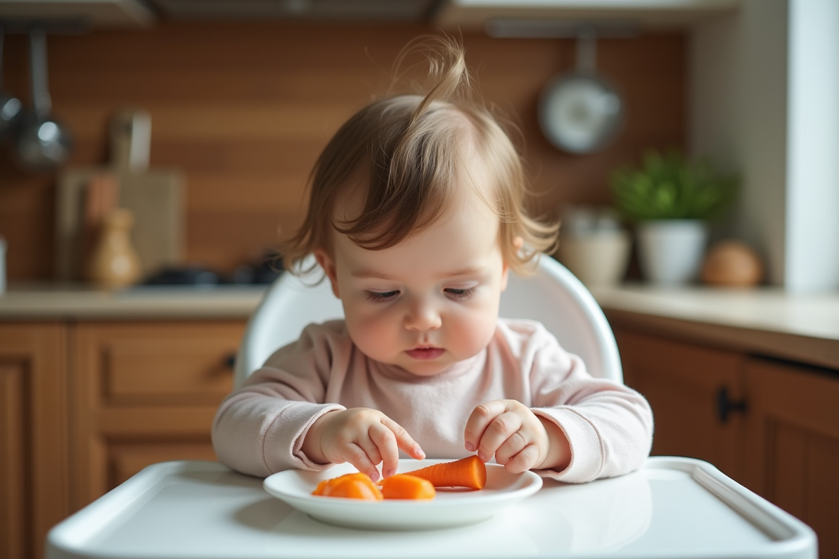Bébé fille de 10 mois examine une carotte vapeur