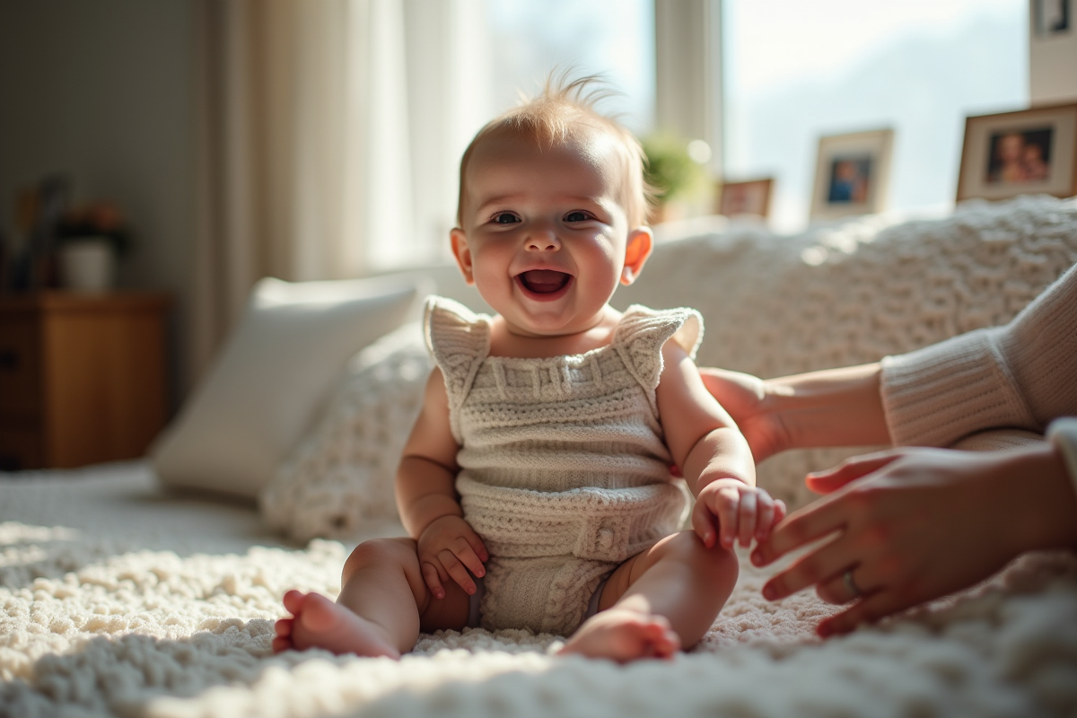 Fille de 5 mois soutenue par un parent dans un salon ensoleille