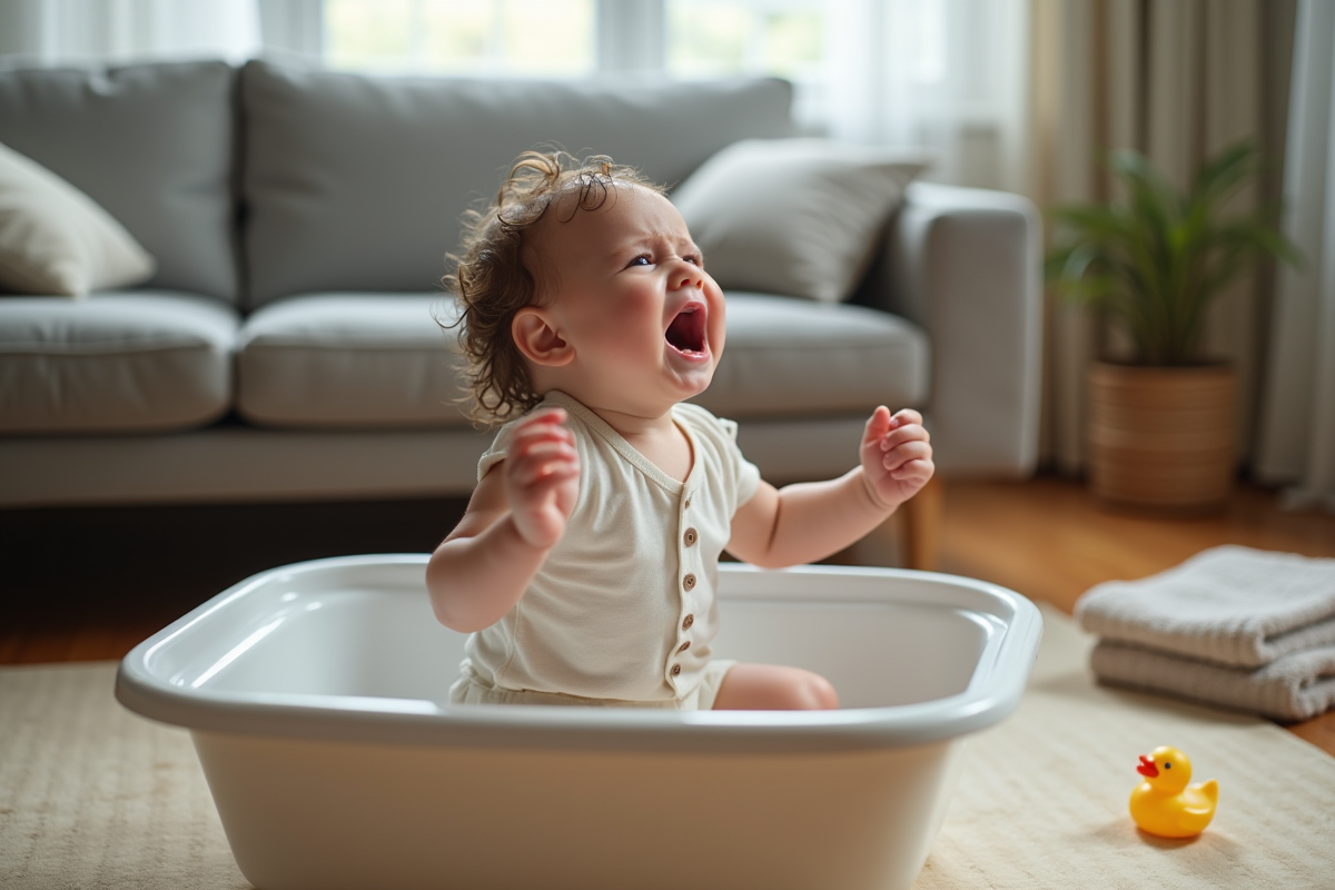 Bébé fille de huit mois pleurant lors du bain dans le salon