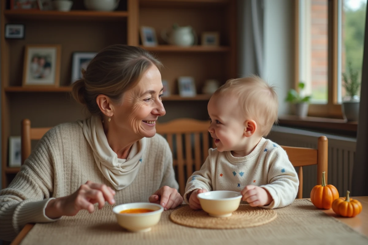 Bebe garçon souriant en mangeant de la purée de courge