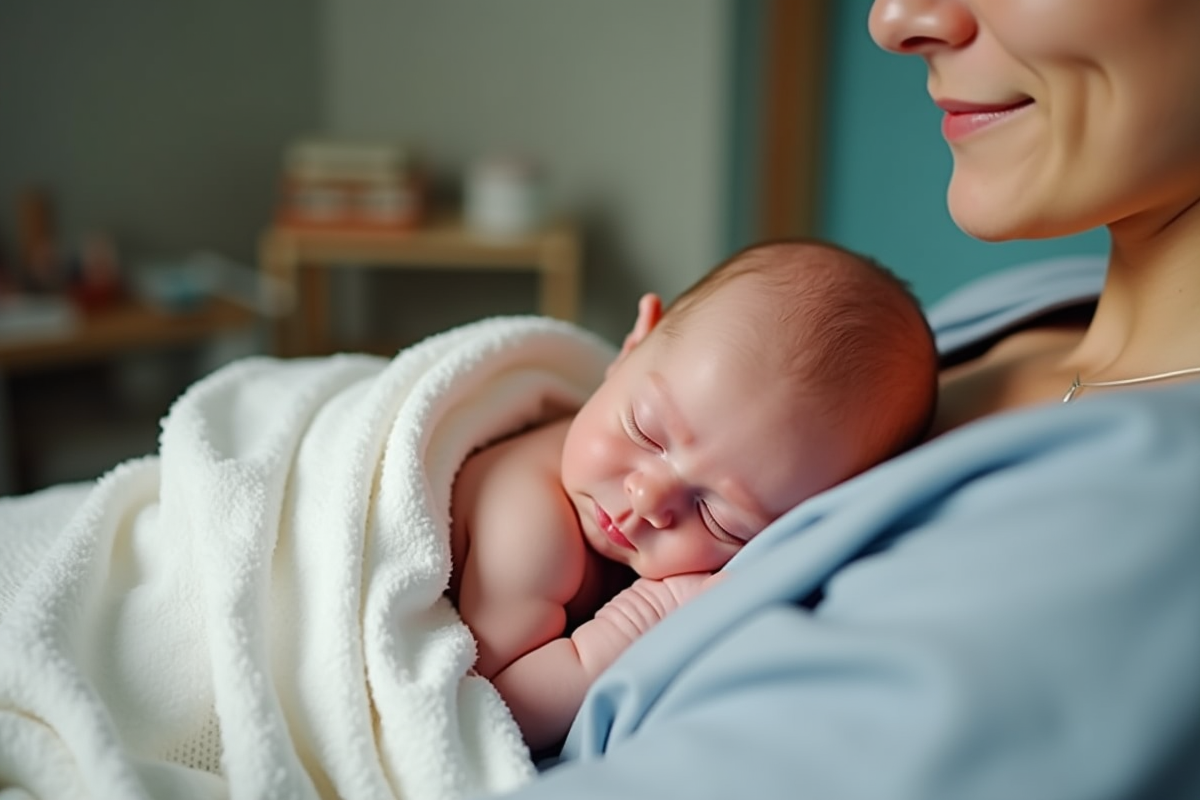 Bébé nouveau-né sur la poitrine de la mère dans une chambre de maternité