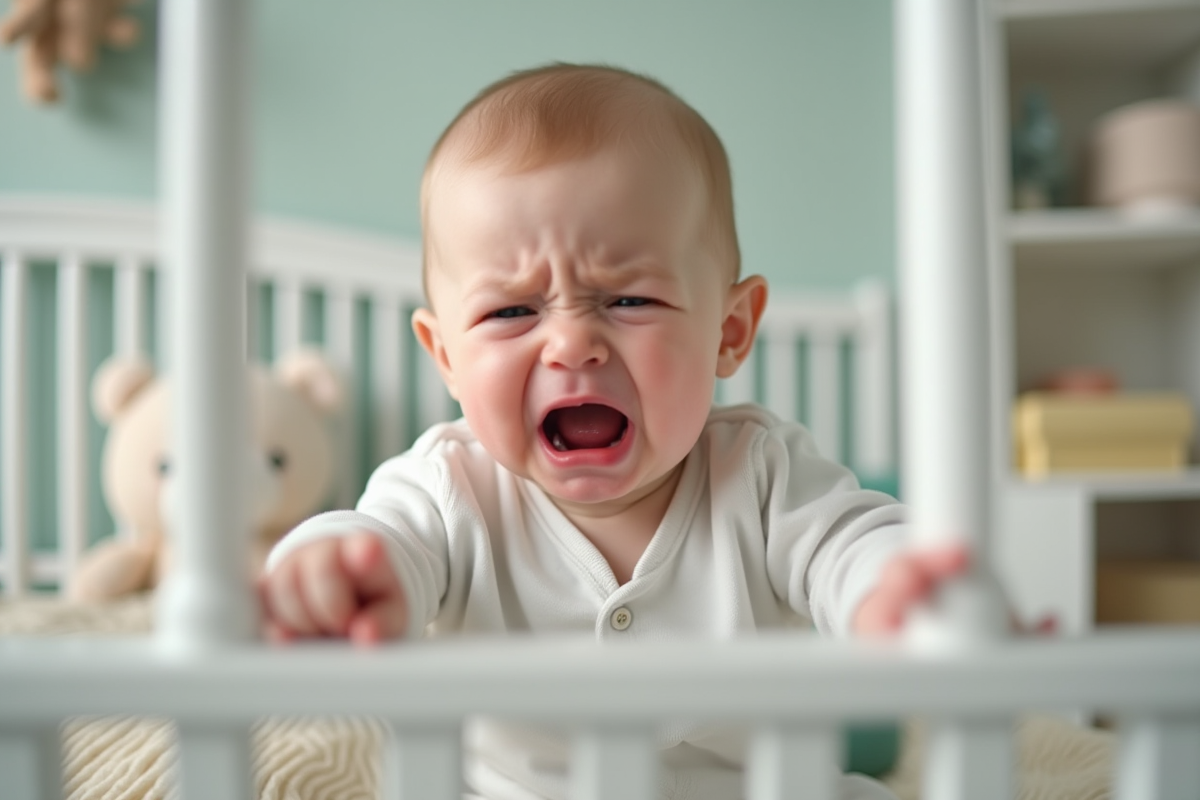 Bébé pleureux dans son lit en nurserie douce