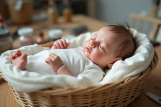 Bébé reborne en silicone sur mesure posé dans un panier en osier blanc dans un atelier d'artisan avec outils et peintures silicone
