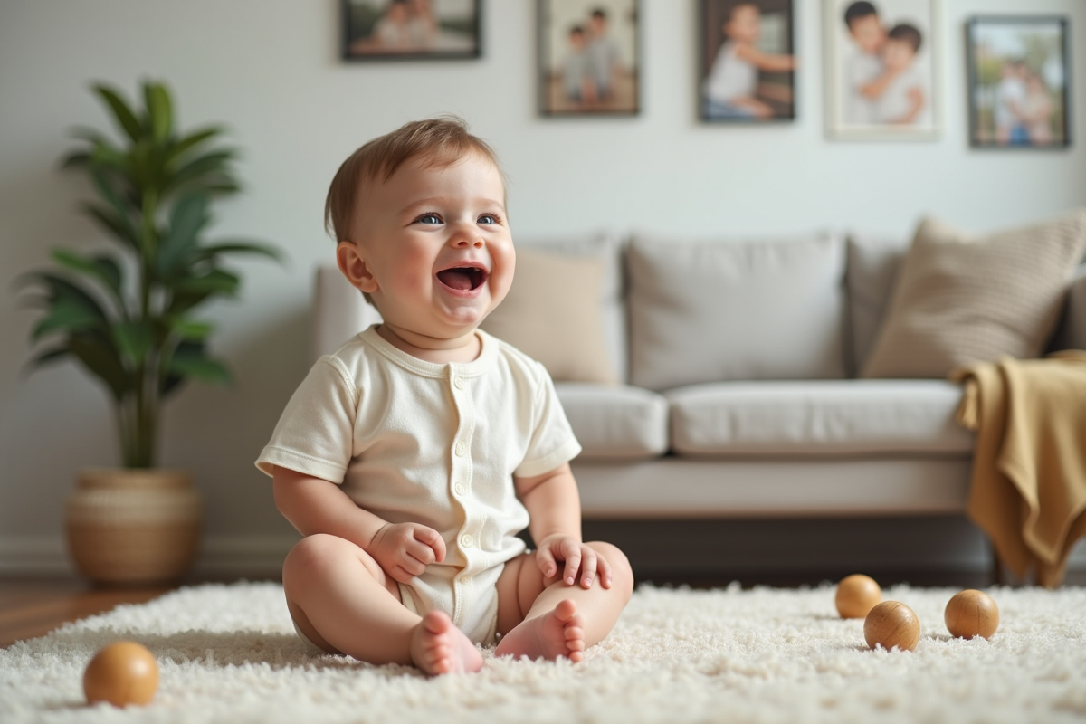 Bébé souriant en pyjama dans un salon chaleureux