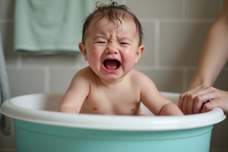 Bébé de six mois pleurant dans son bain à la maison