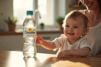 Bébé souriant à la cuisine avec eau Cristalline