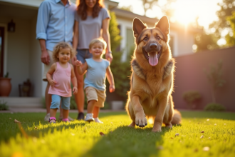 Chien berger allemand jouant avec des enfants dans un jardin ensoleille