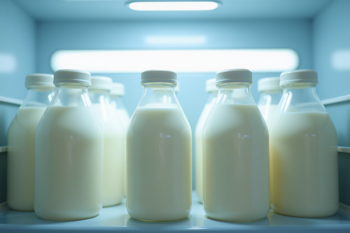 Bouteilles de lait maternel organisées dans un réfrigérateur bien éclairé