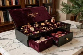 Calendrier de l'Avent luxe ouvert sur un comptoir en marbre avec des tiroirs en velours révélant des parfums miniatures et bijoux dorés