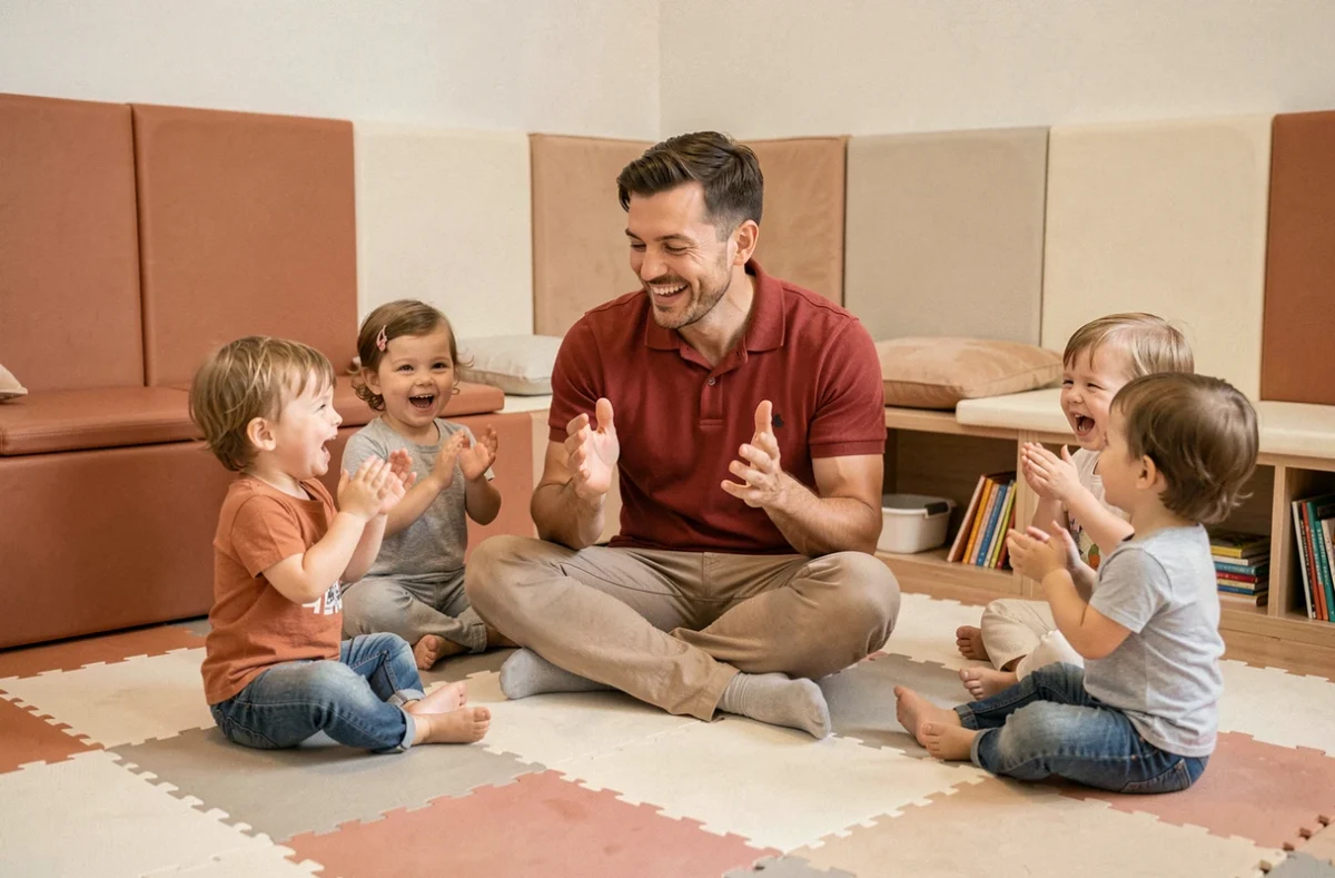 Animateur de la micro-crèche Canonniers à Lille animant un jeu de chant en cercle avec un groupe de jeunes enfants sur un tapis de sol coloré