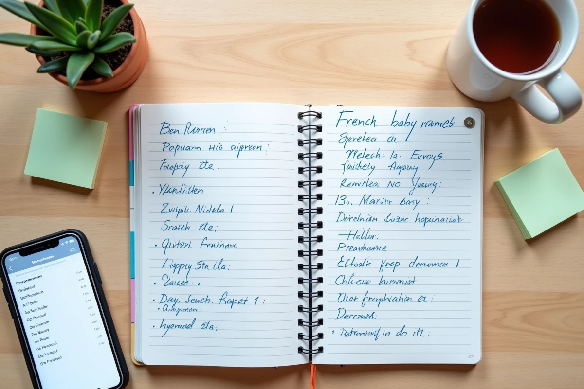Vue de dessus d'un bureau avec un carnet de prénoms manuscrits et un smartphone affichant une liste de prénoms pour bébé
